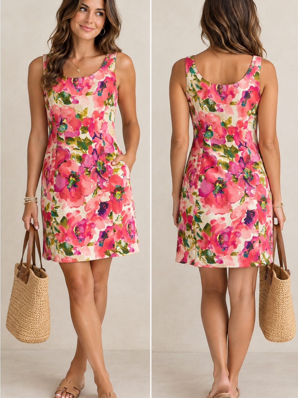 Anthropologie Postmark Blushing OleanaFloral Scoop Neck Tank Dress - Pink Floral